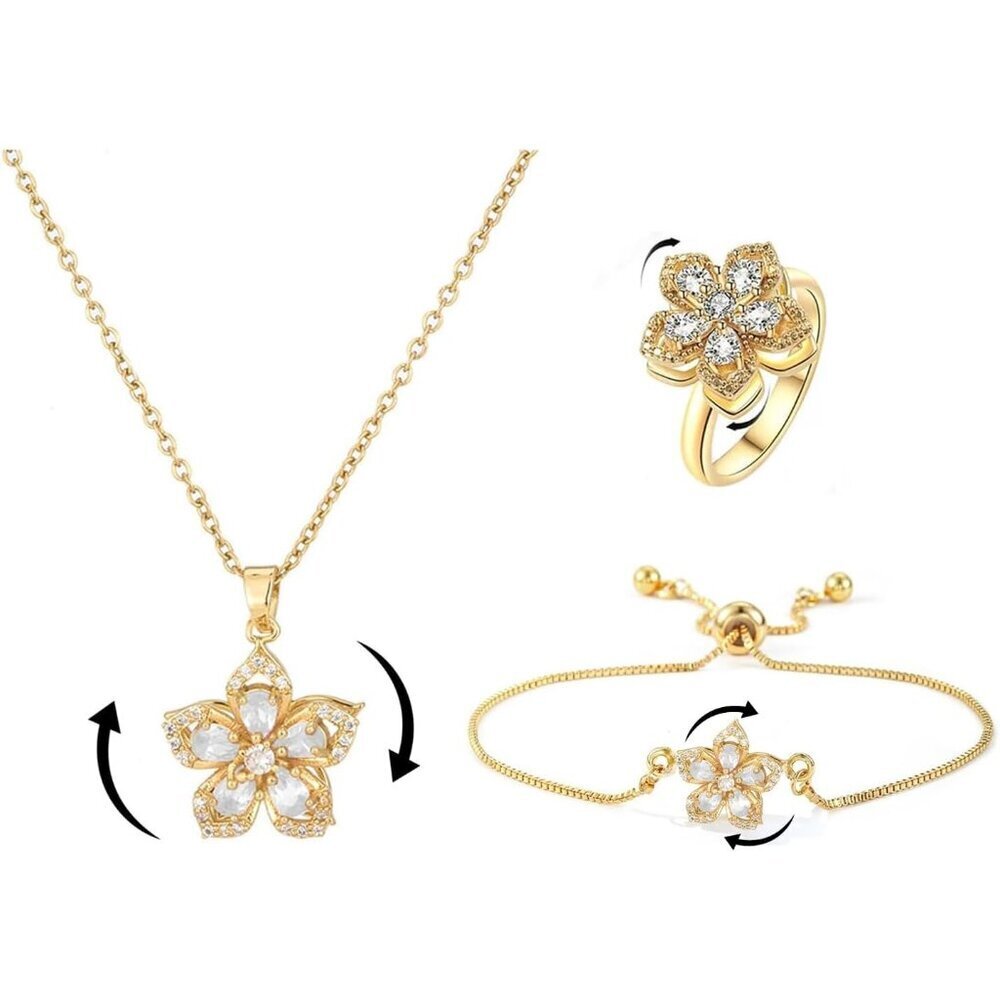 Women Gold Flower Fidget White Pink Necklace Rotatable Crystal Blossom Pendant